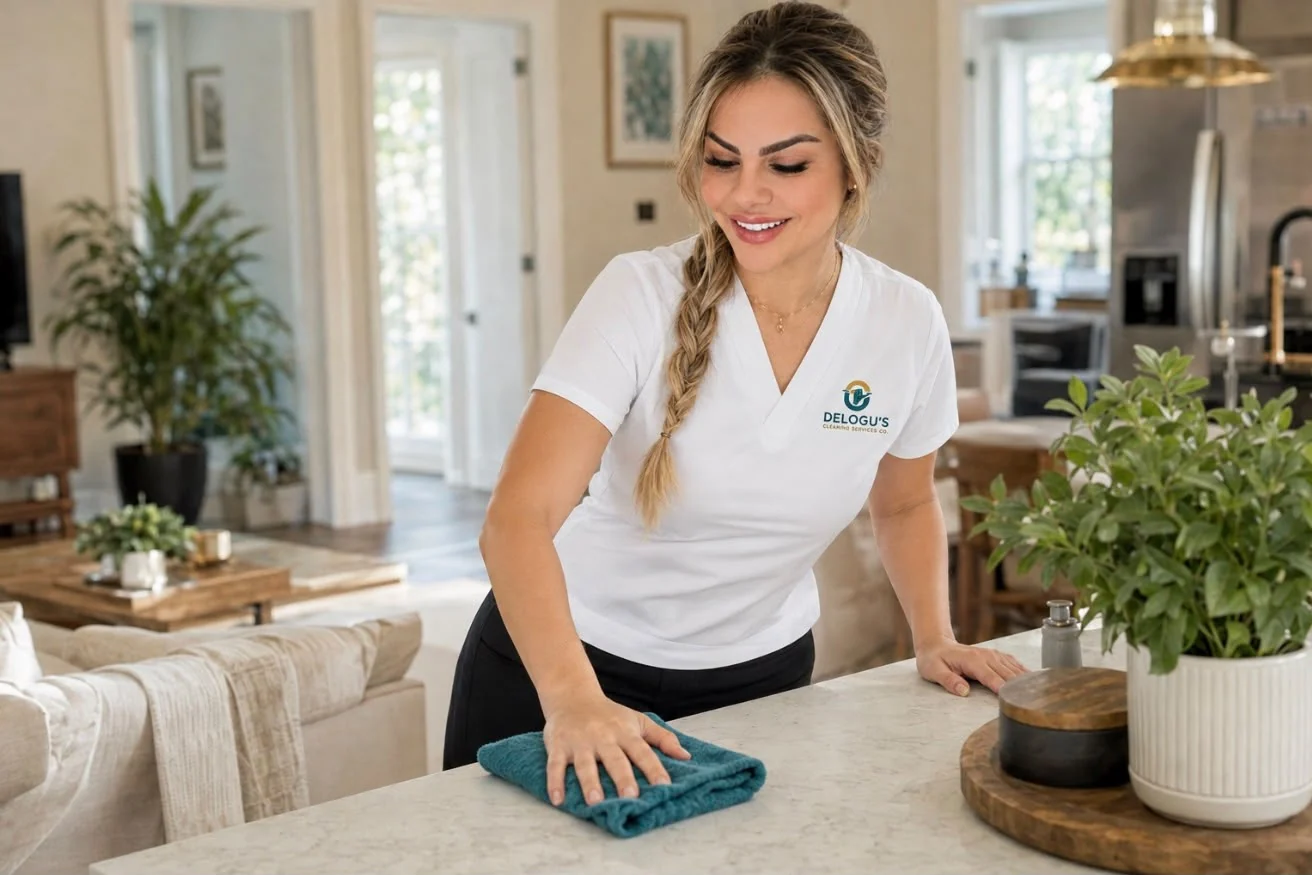 Thaty providing detailed residential cleaning care in a bright home