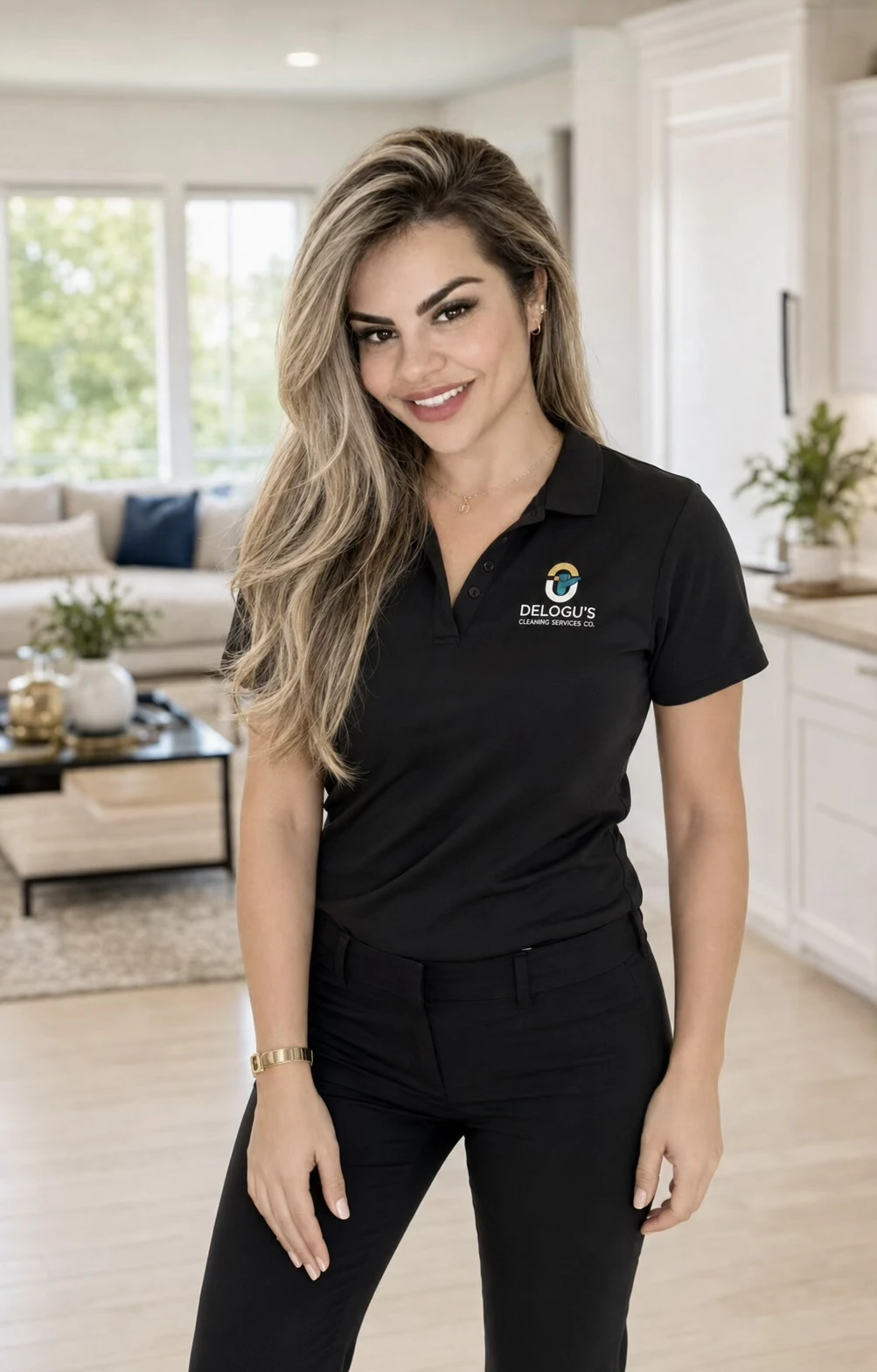 Thaty, Founder & Owner of Delogu's Cleaning Services Co., wearing the black company uniform